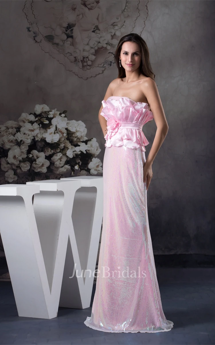 Strapless Sheath Floor-Length Dress with Flower and Ruffled Top