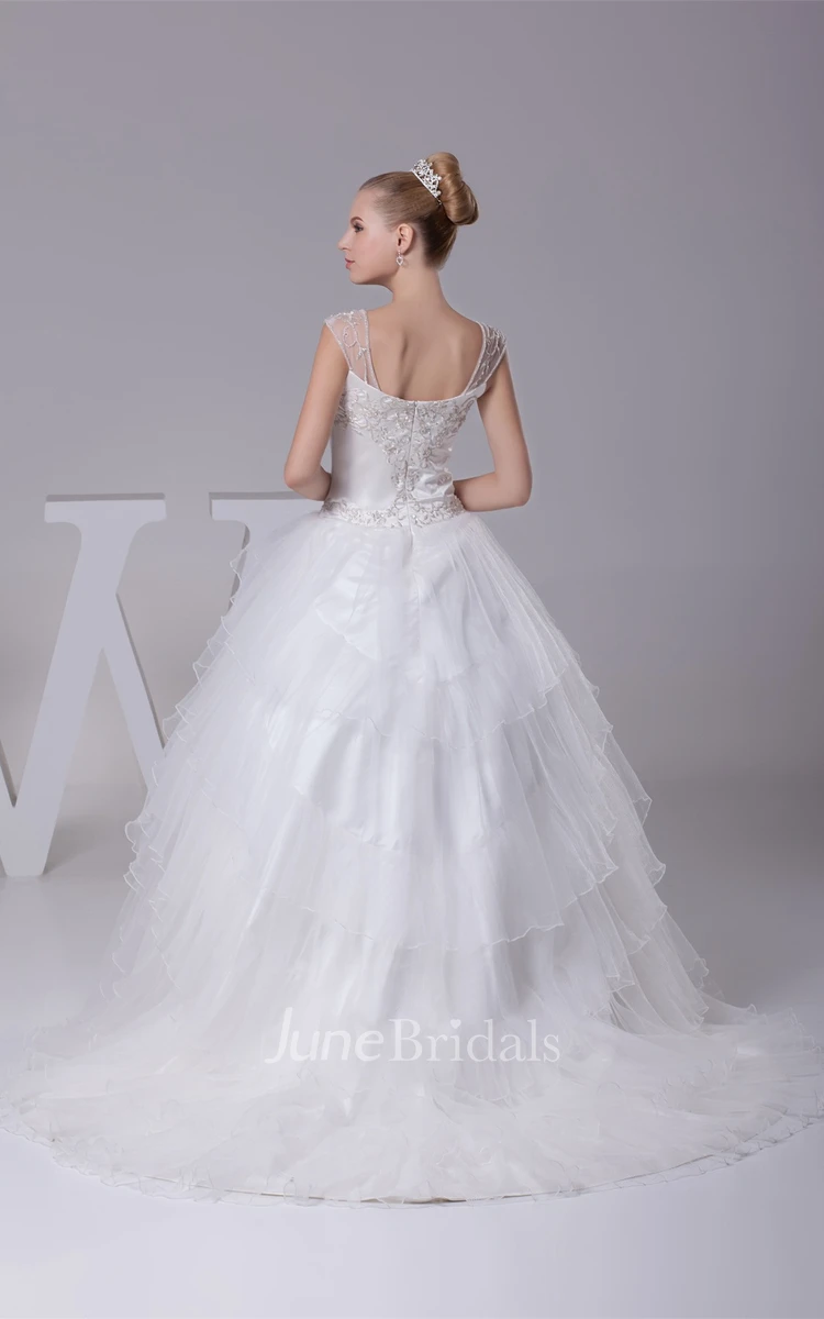 Strapped Tulle Ball Gown with Embroideries and Illusion