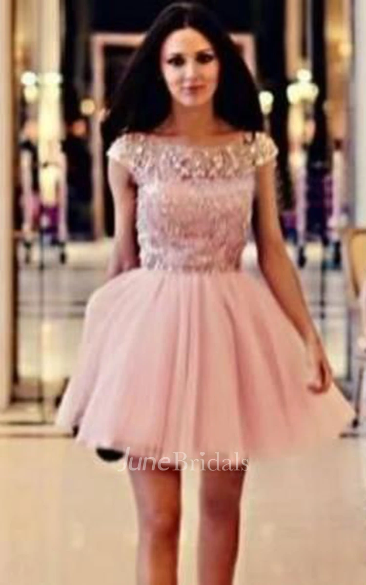 Lovely Pink Crystals Short Homecoming Dress Cap Sleeve