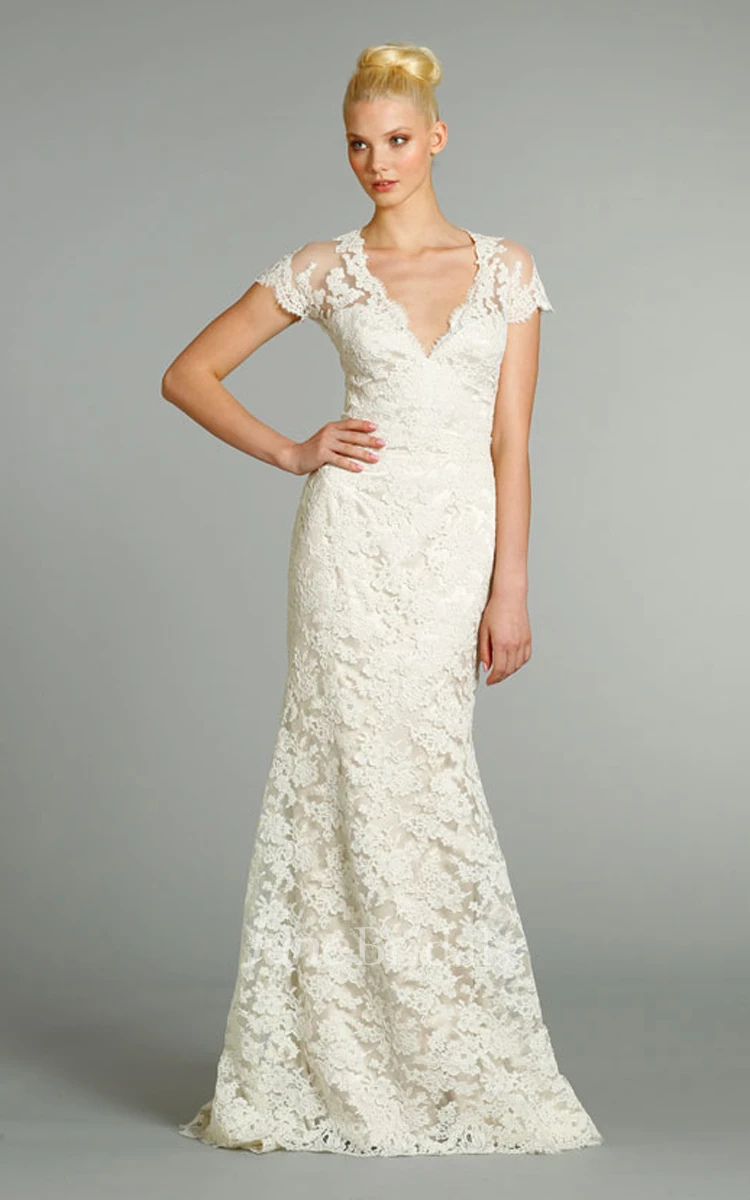 Captivating V-Neck Lace Over Charmeuse Dress With Short Sleeve and Sheer Back