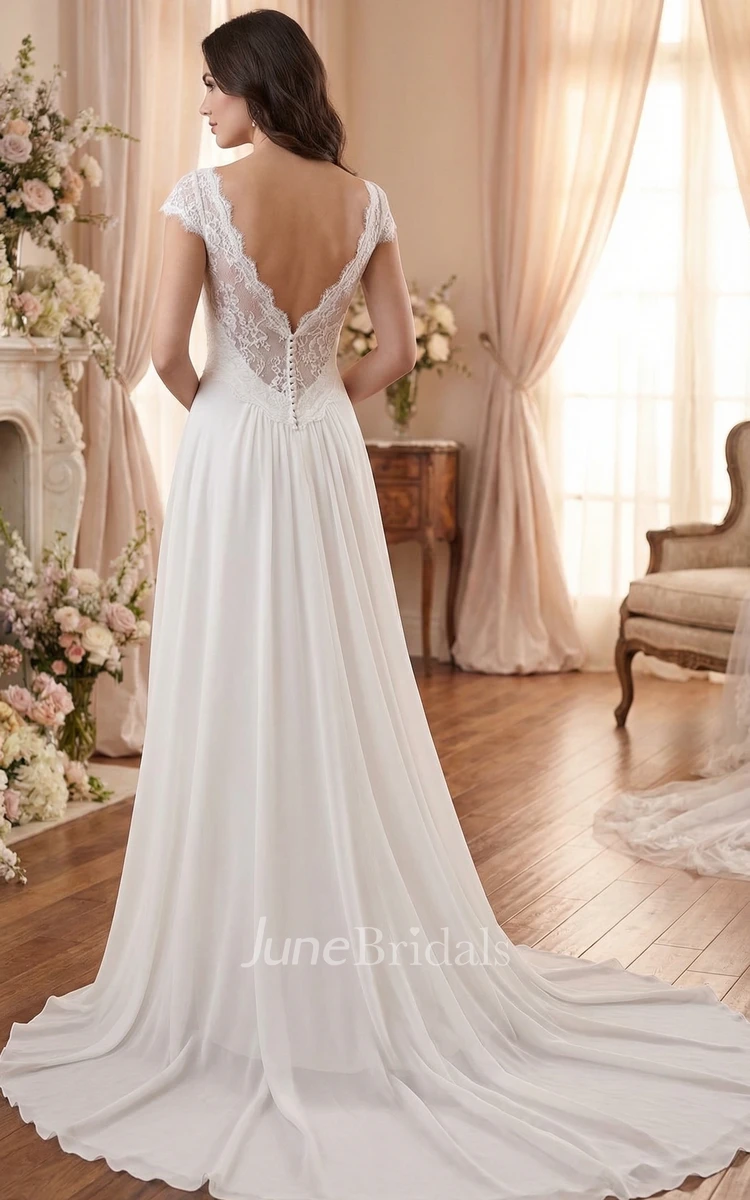 A-Line Cap Sleeve Lace Wedding Dress with Illusion Open Back for Country Occasions