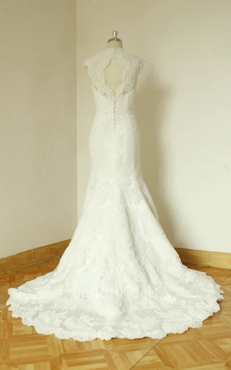 Scalloped Cap Sleeve Keyhole Back Sheath Long Lace Wedding Dress