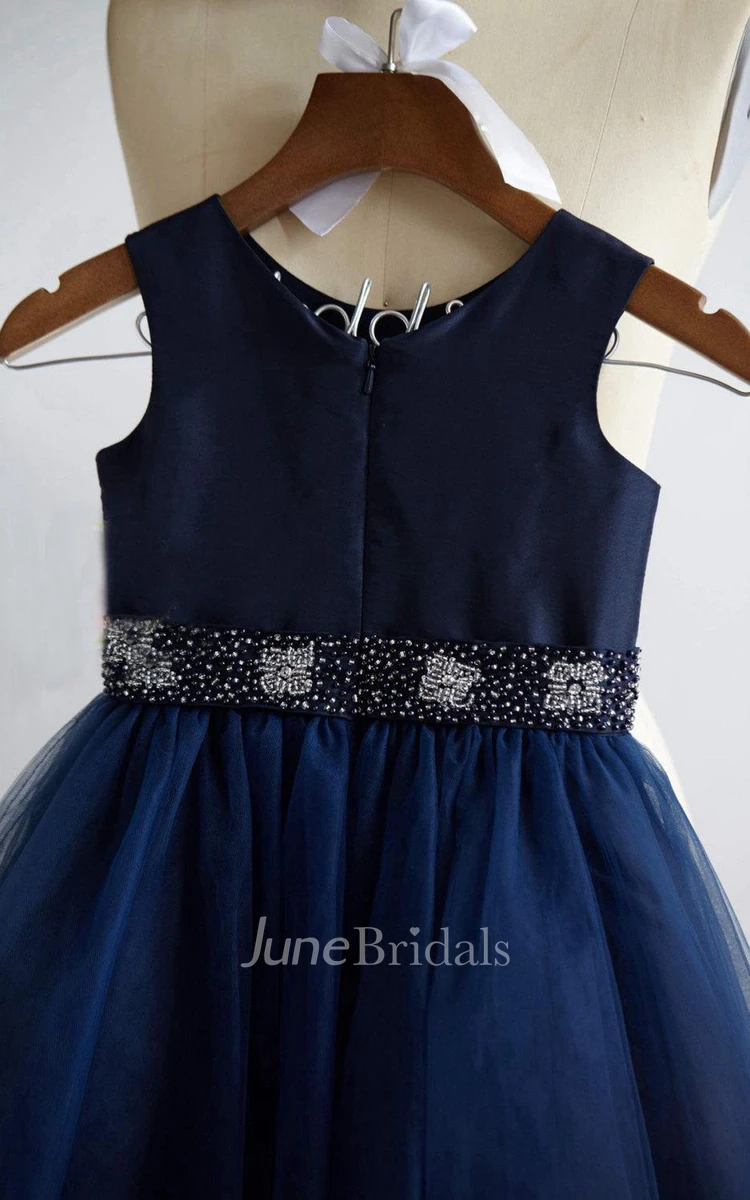 strapped Tulle&Satin Top Dress With Beading Belt