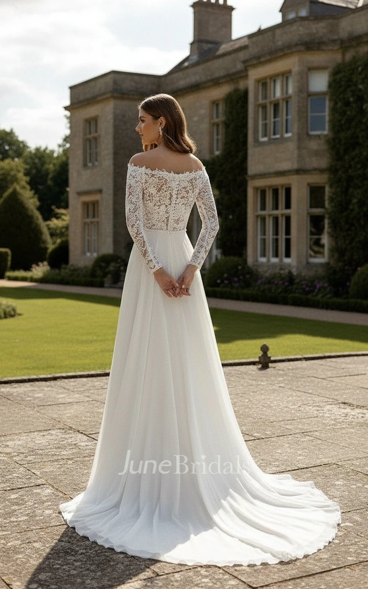 Boho Vintage A-Line Lace Off-the-shoulder Spring Wedding Dress Mature Beach Long Sleeve Chapel Train Bridal Gown