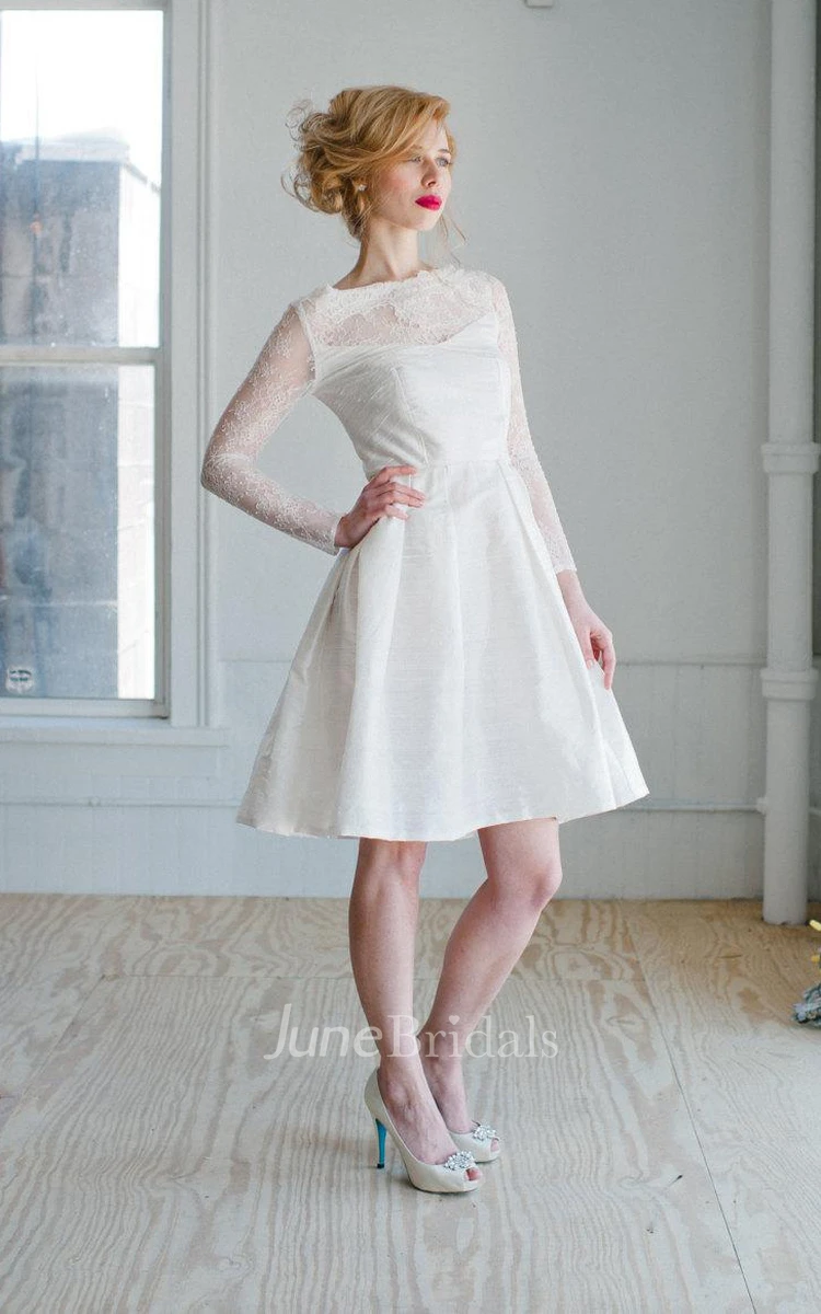 Bateau Long Illusion Sleeve A-Line Knee-Length Taffeta Wedding Dress