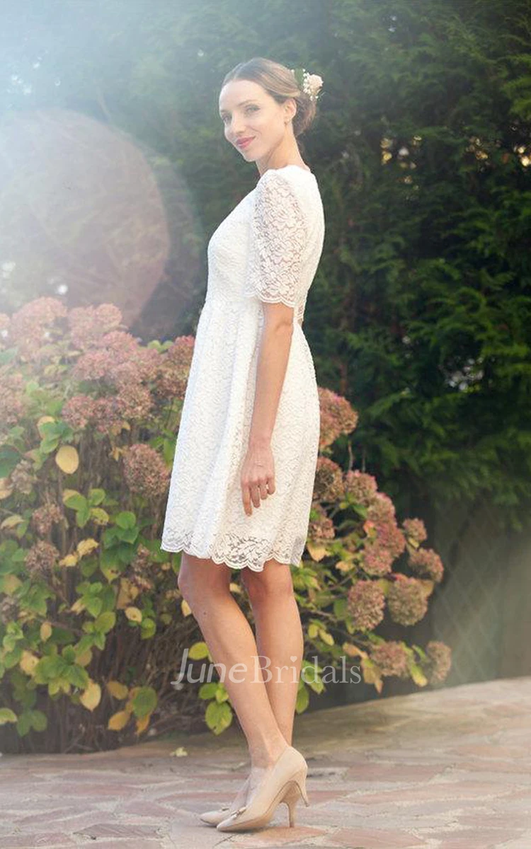 Jewel Neck Half Sleeve A-Line Knee-Length Lace Wedding Dress