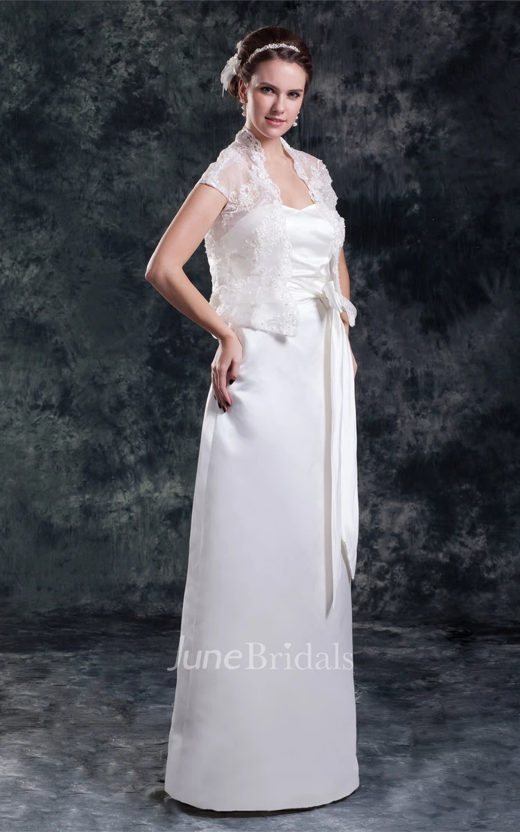 satin sheath floor-length dress with lace jacket and ribbon