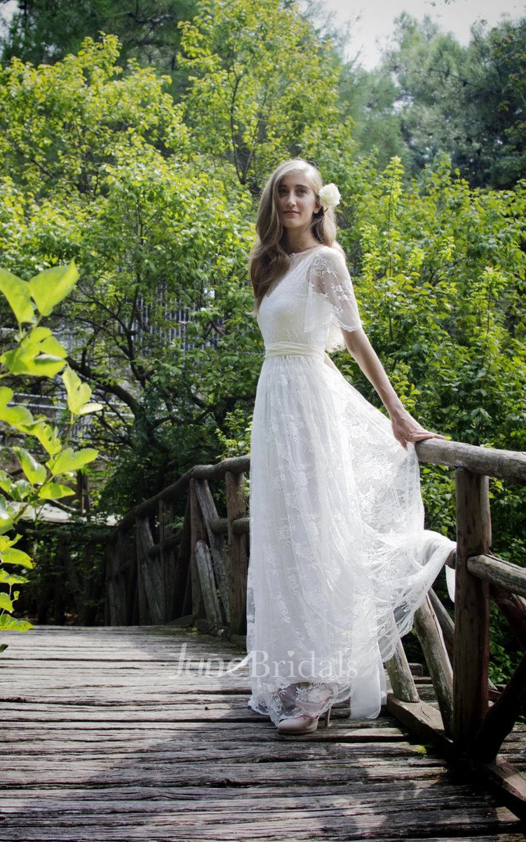 Jewel Bell Sleeve Illusion Back Long Tulle Wedding Dress With Beading And Bow