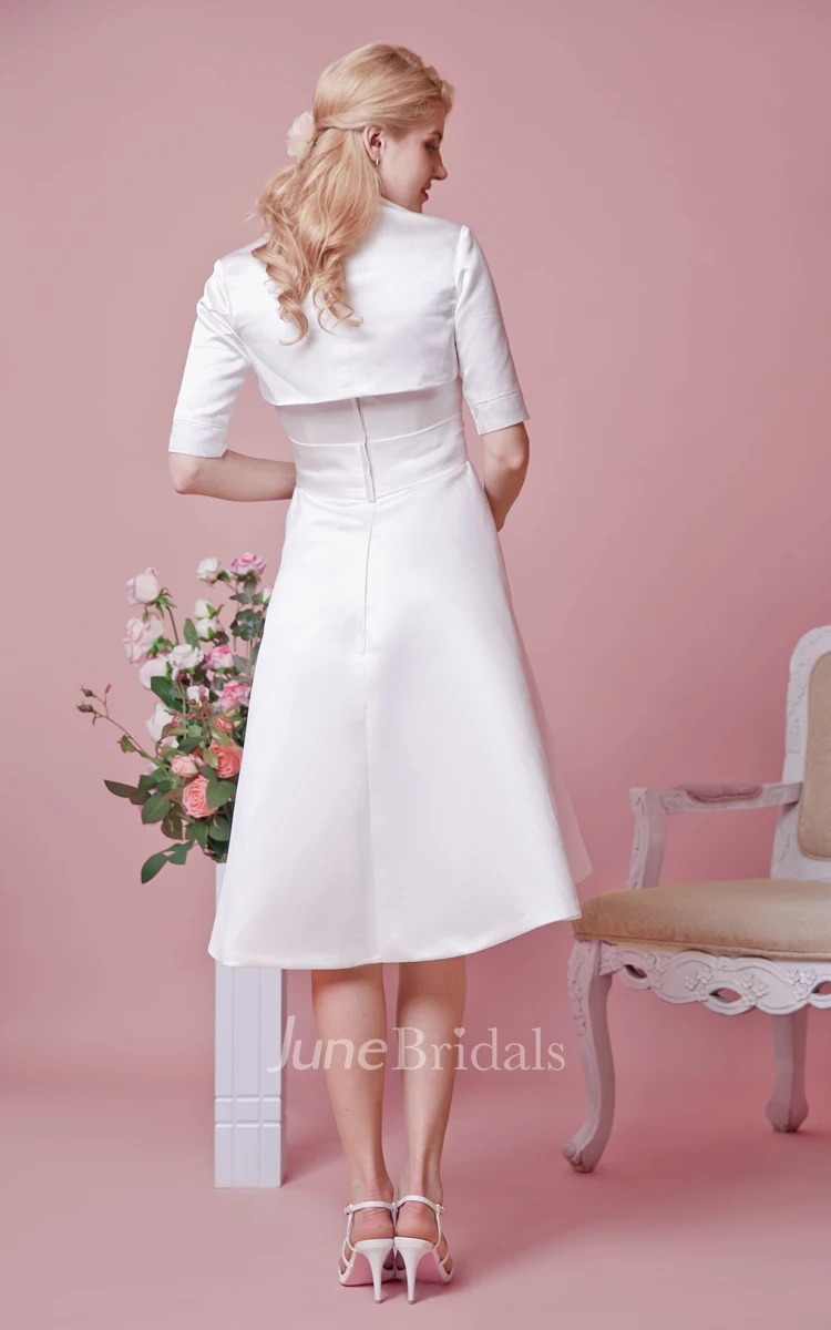 Elegant Strapless Tea Length Satin Maternity Wedding Dress With Removable Jacket