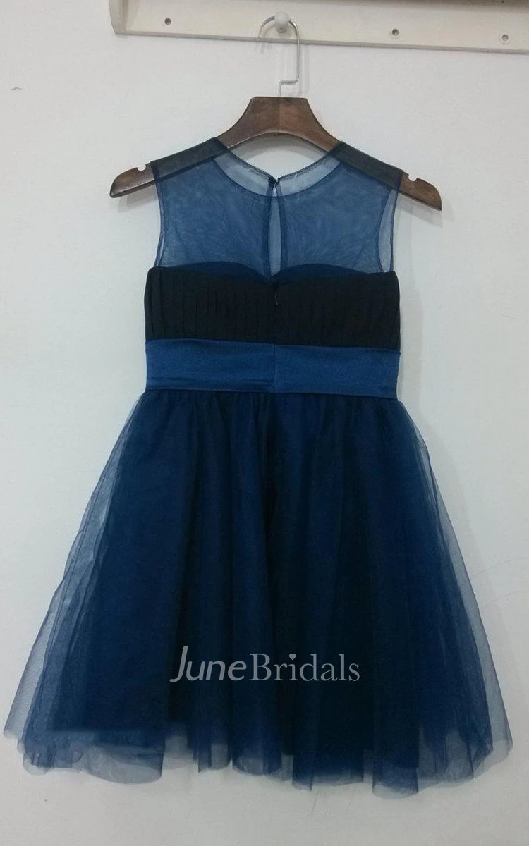 Navy Blue Sleeveless Jewel Neck Tulle Flower Girl Infant Party Dress