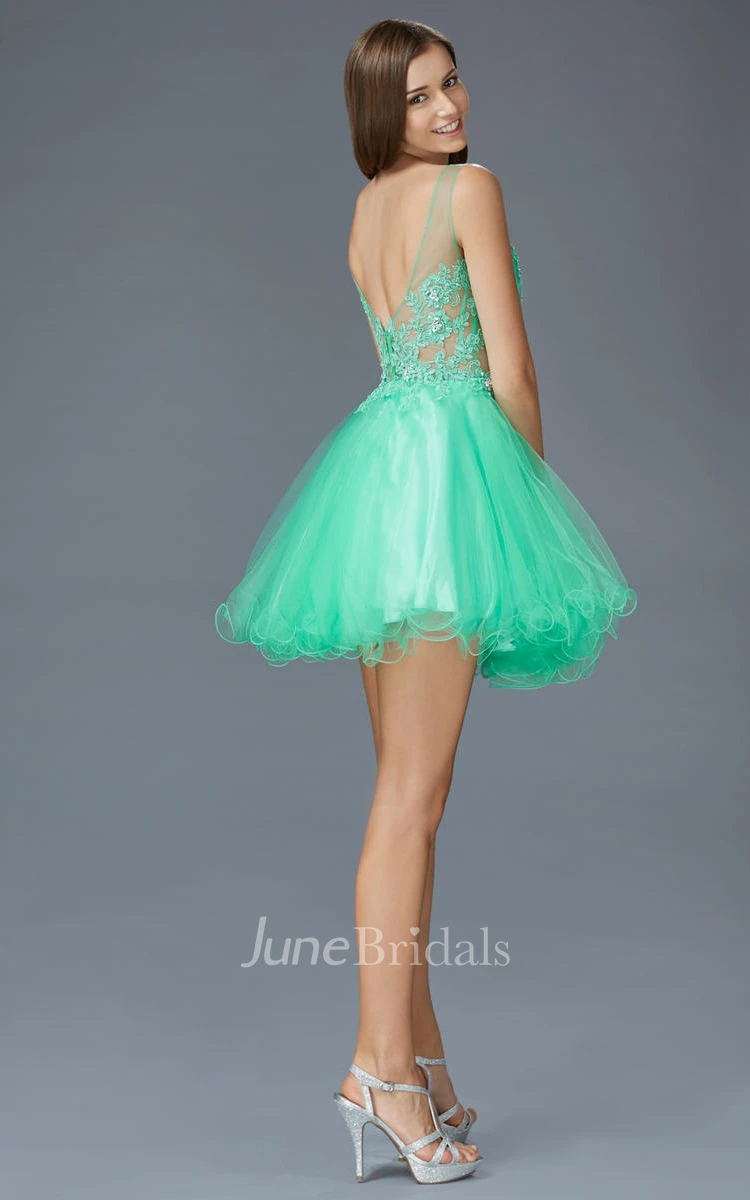 A-Line Short Bateau Sleeveless Low-V Back Dress With Appliques And Beading