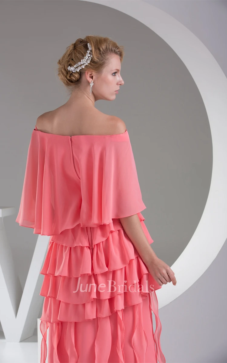 Off-The-Shoulder Chiffon Maxi Dress with Broach and Tiers