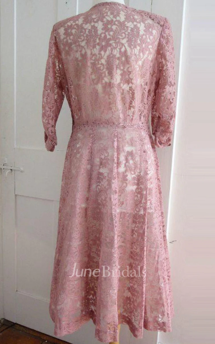 1940S Pink Lace Large Vintage Dusty Rose Cocktail Party Floral Lace 1950S Dress