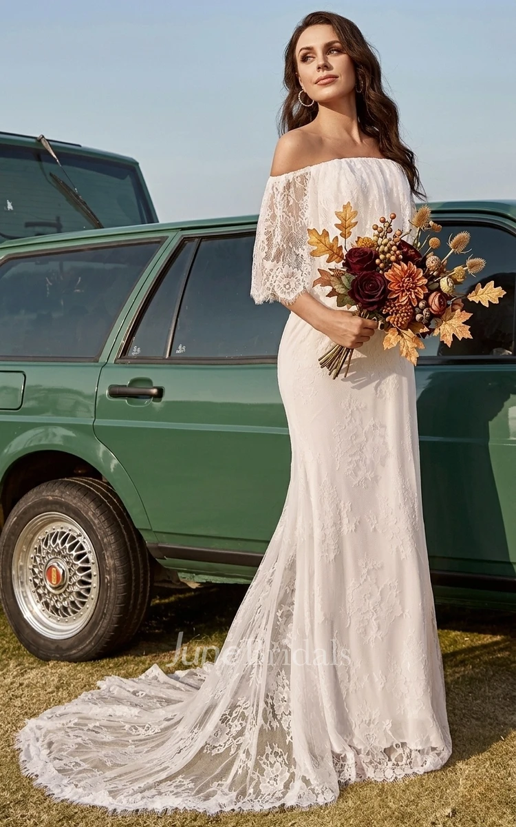 Beach Boho Lace Mermaid Off the Shoulder Spring Wedding Dress Country Floral Backless Strapless Bridal Gown
