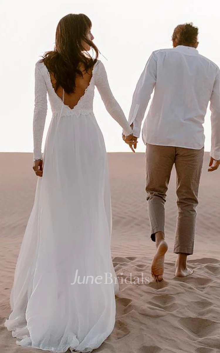 Bohemian Chiffon Lace V-neck A Line Long Sleeve Wedding Dress with Deep-V Back 