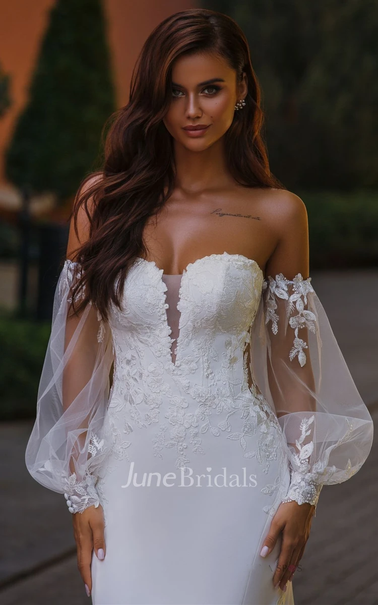 Ethereal Mermaid Plunging Neck Chiffon Tulle Wedding Dress with Appliques