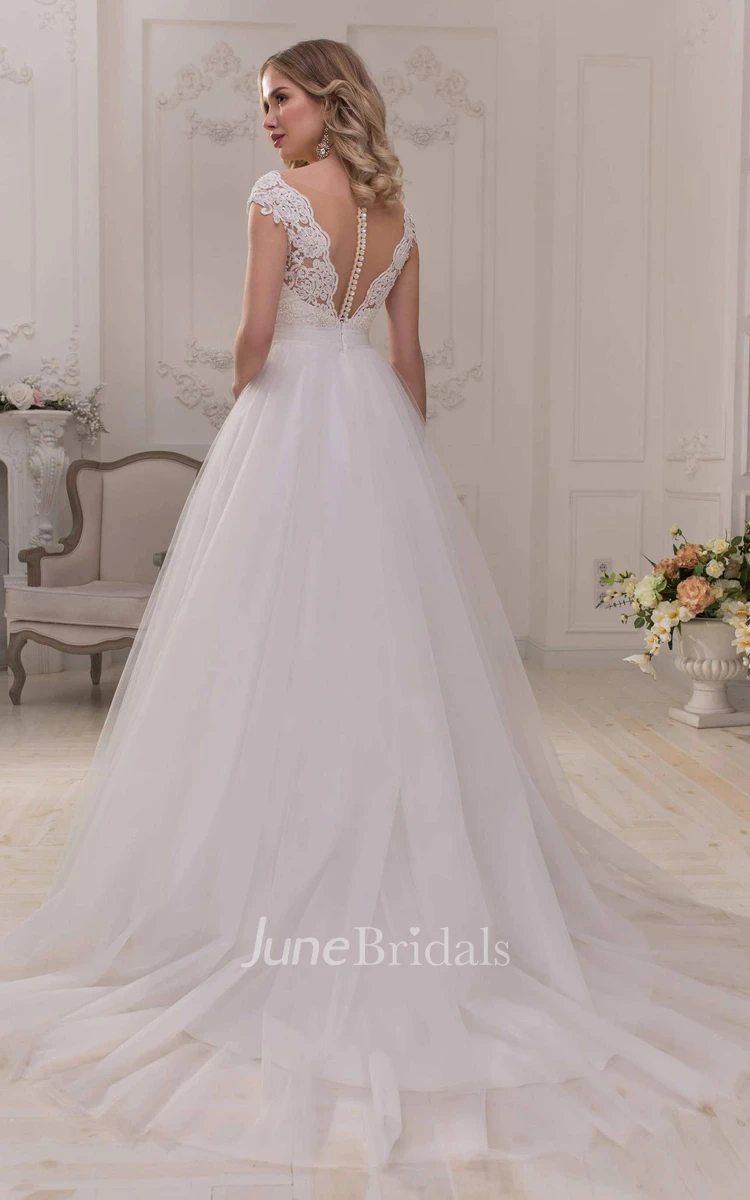 Plunged Cap-Sleeve A-Line Wedding Dress With Beading And Appliques