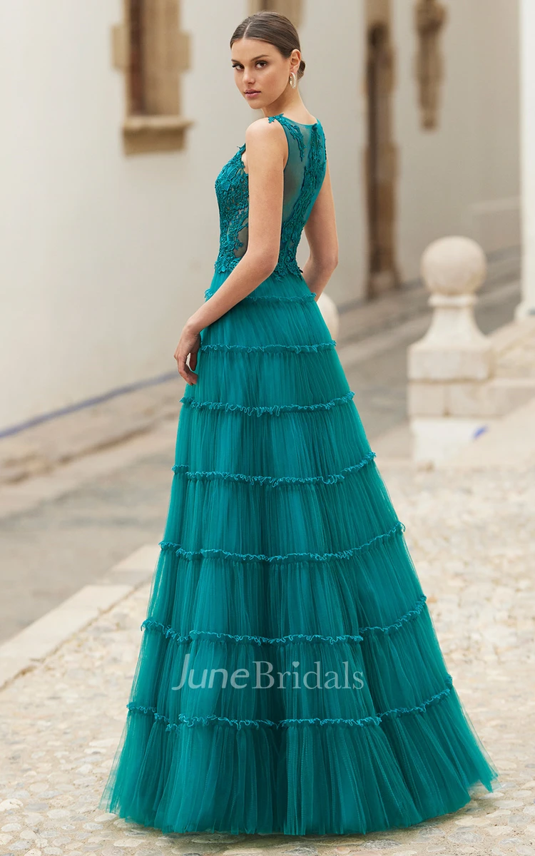 Simple A-Line Tulle V-neck Floor-length Prom Dress with Ruching