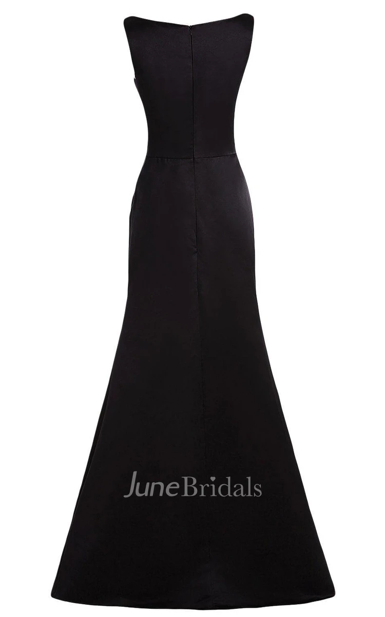 Cap-sleeved Bateau-neck Satin Gown With Beadings