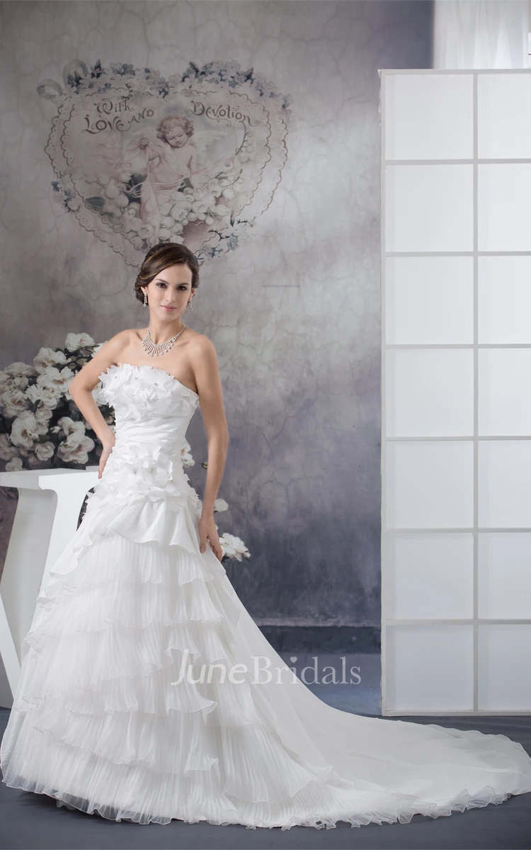 Strapless Ruffled A-Line Dress with Tiers and Flower