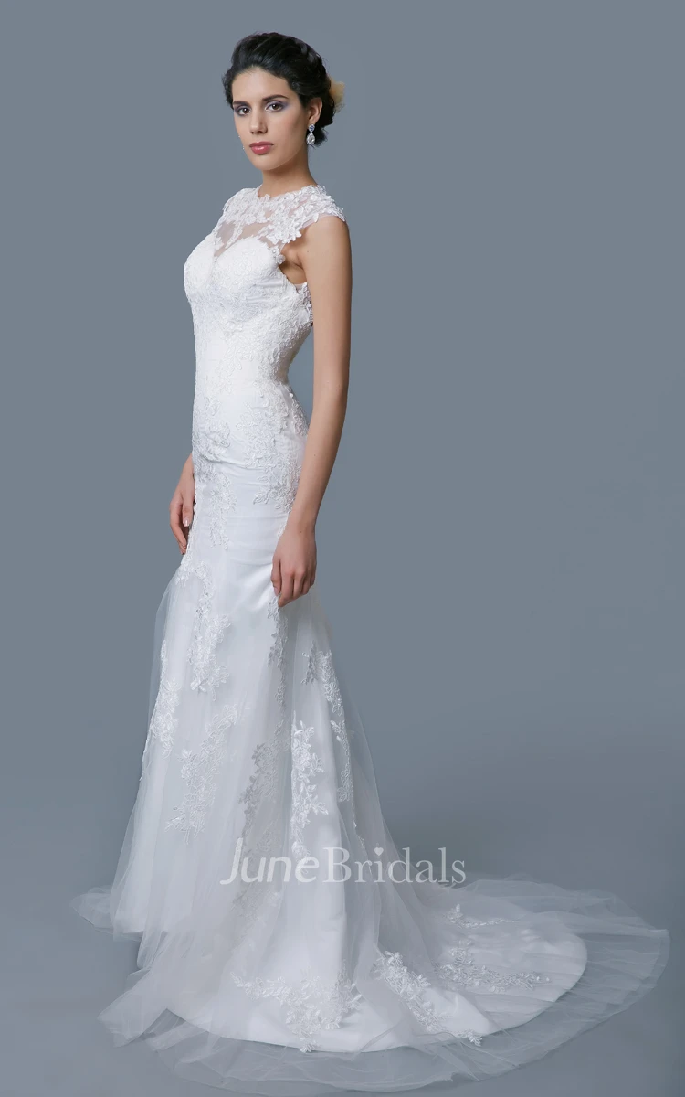Cap-Sleeved Lace and Tulle Mermaid Dress With Keyhole Back