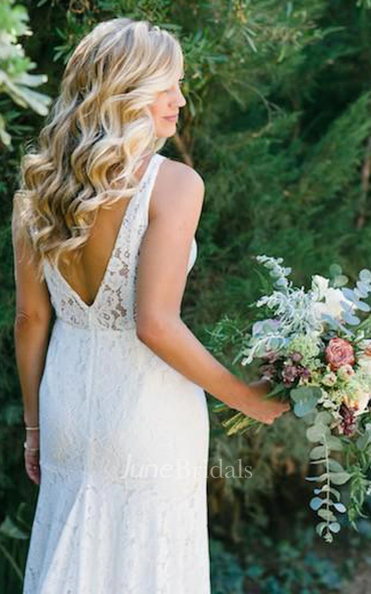 Simple Vintage Sheath Lace Straps V-neck Sleeveless Wedding Dress With Split Front
