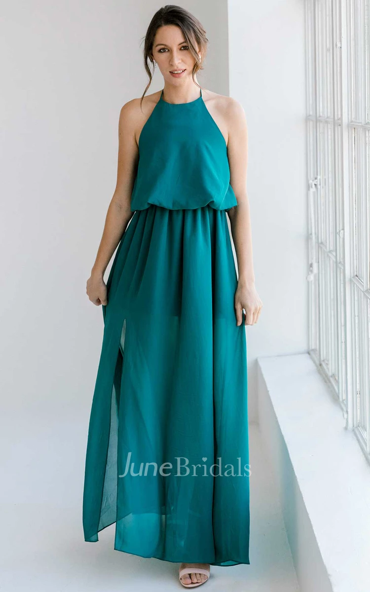 Casual Adorable A-Line Halter Neckline Chiffon Bridesmaid Dress With Open Back And Split Front