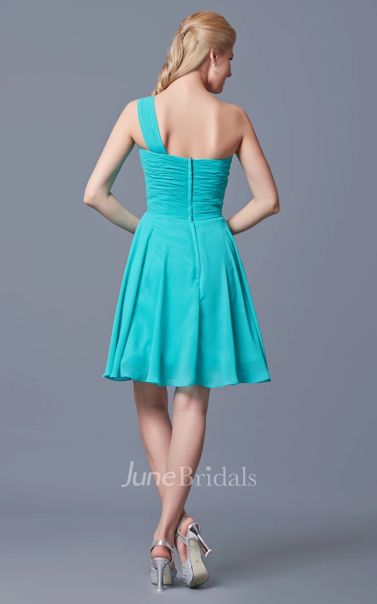 One Shoulder Ruched Bodice Short Dress With Pleats