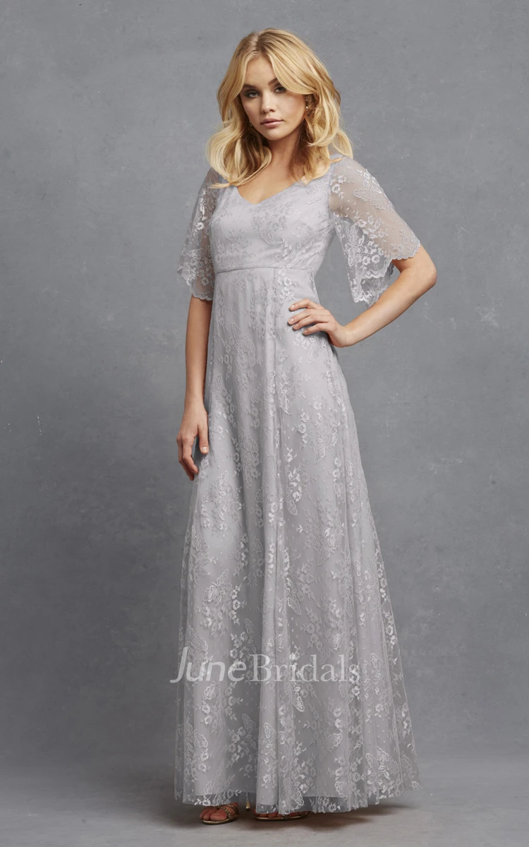 Romantic V-neck A-line Lace Dress With Bell Sleeves