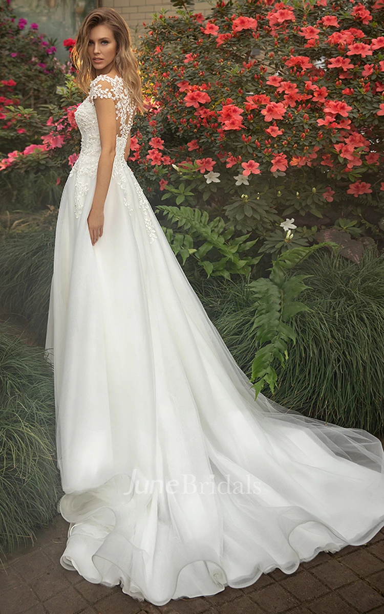 Modern A Line Lace Tulle Wedding Dress With Cap Sleeve And Plunging Neckline 