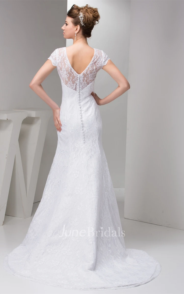 Short-Sleeve Lace Column Gown with Low-V Back