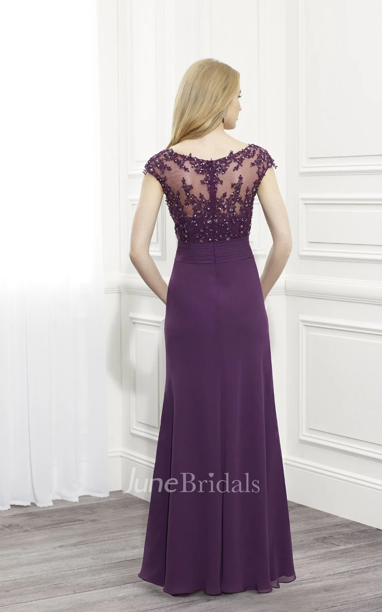 Formal Jewel Illusion Back Cap-Sleeve V-Neckline Dress