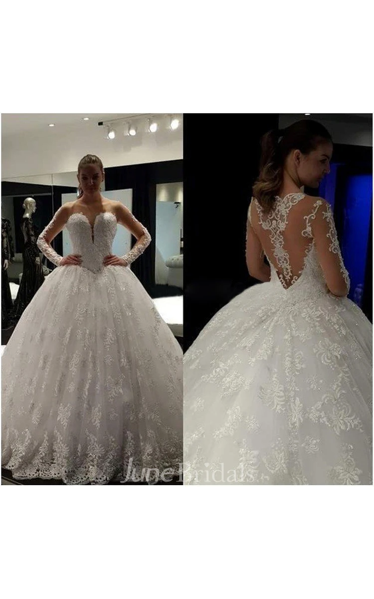 Illusion Long Sleeve Sweetheart Neck Lace Ball Gown With Sheer Back