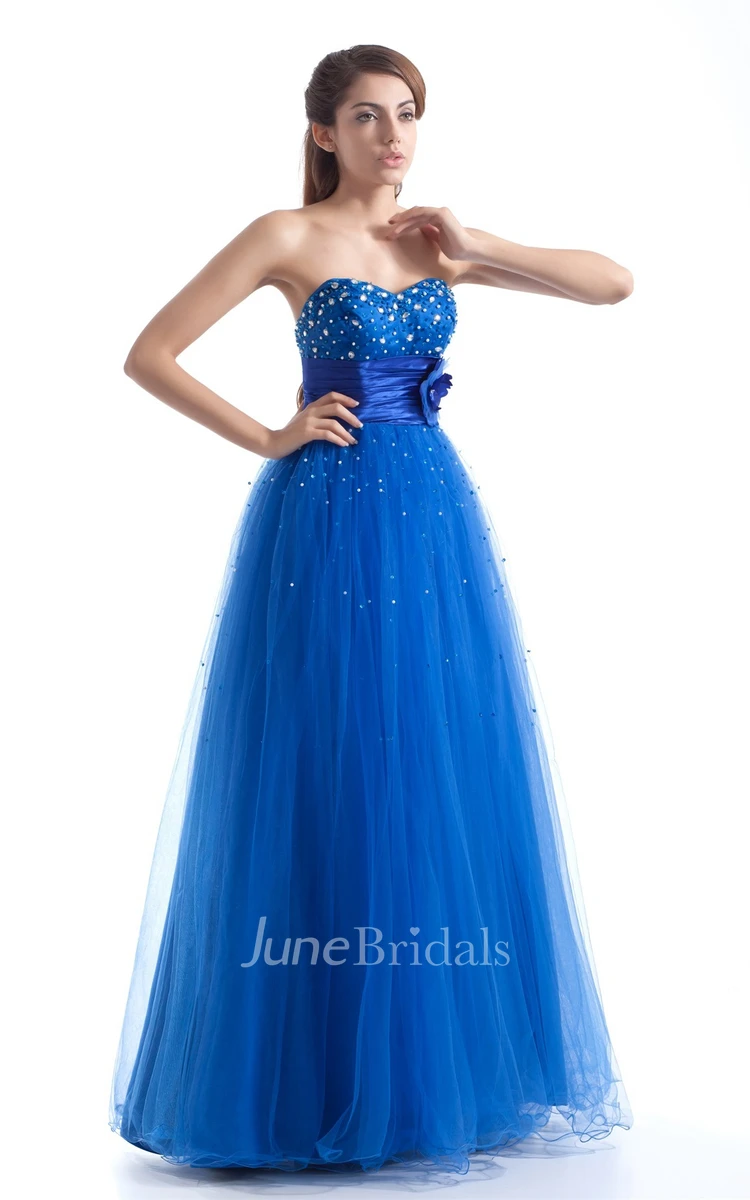 sweetheart a-line tulle dress with floral waist and beading