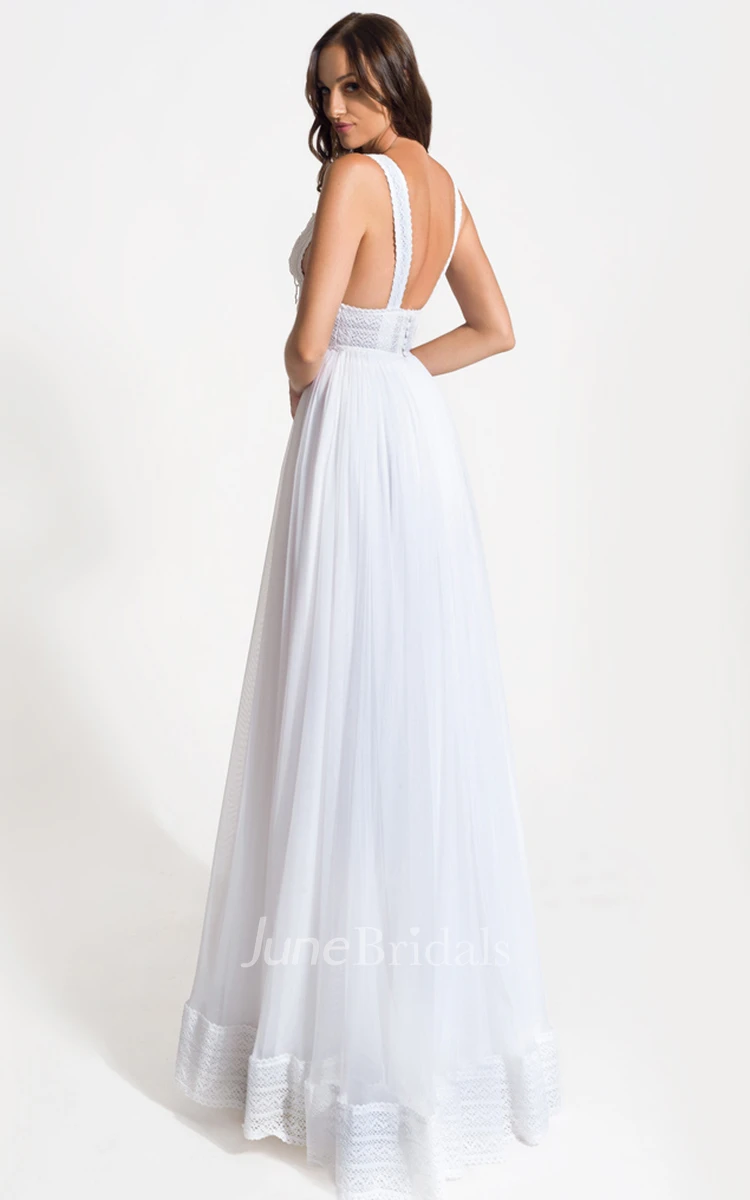 Grecian A-Line V-neck Lace Tulle Wedding Dress With Open Back And Appliques