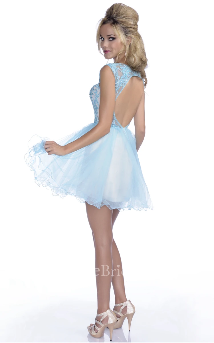 Lace Bodice Tulle Skirt A-Line Mini Prom Dress With Keyhole Back