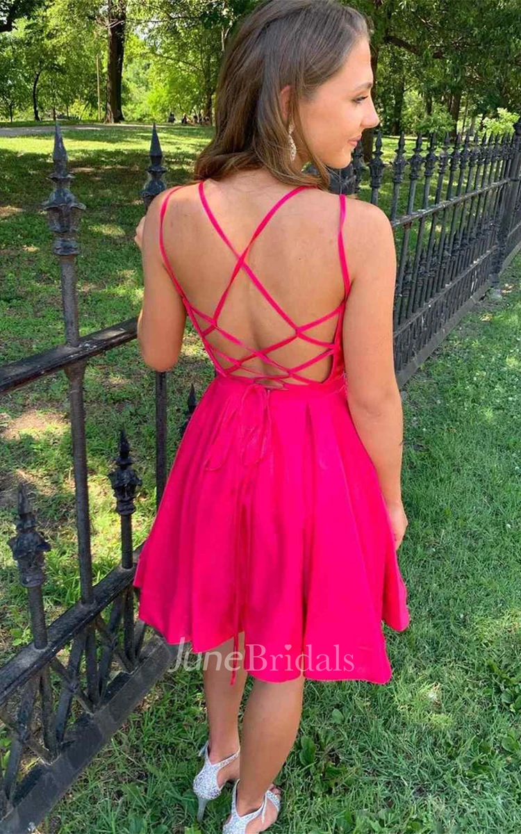 Adorable A Line Strapless Satin Short Homecoming Dress With Cross Back
