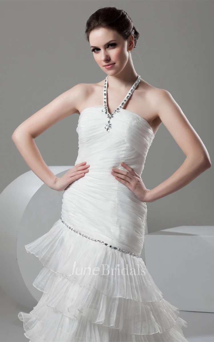 Sleeveless Ruched A-Line Dress with Beading and Tiers