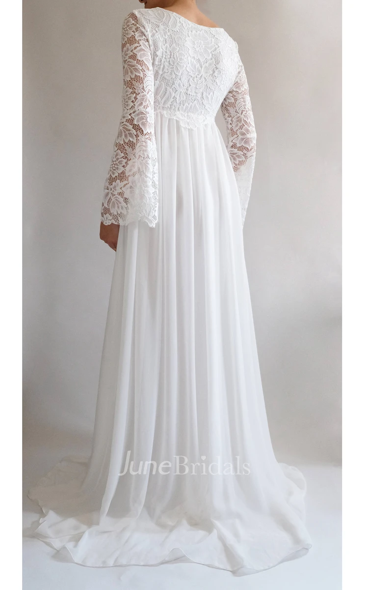Casual Bohemian Long-Sleeve Wedding Dress Simple Maternity Lace Chiffon Square Neck Empire Waist Bride Gown