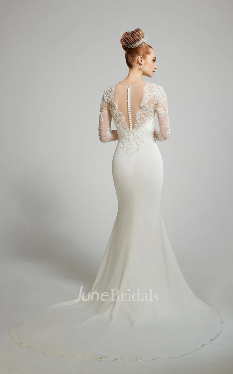 Sheath Chiffon Spring Wedding Dress Long-Sleeve Scoop-Neck Appliques Illusion Floor-Length