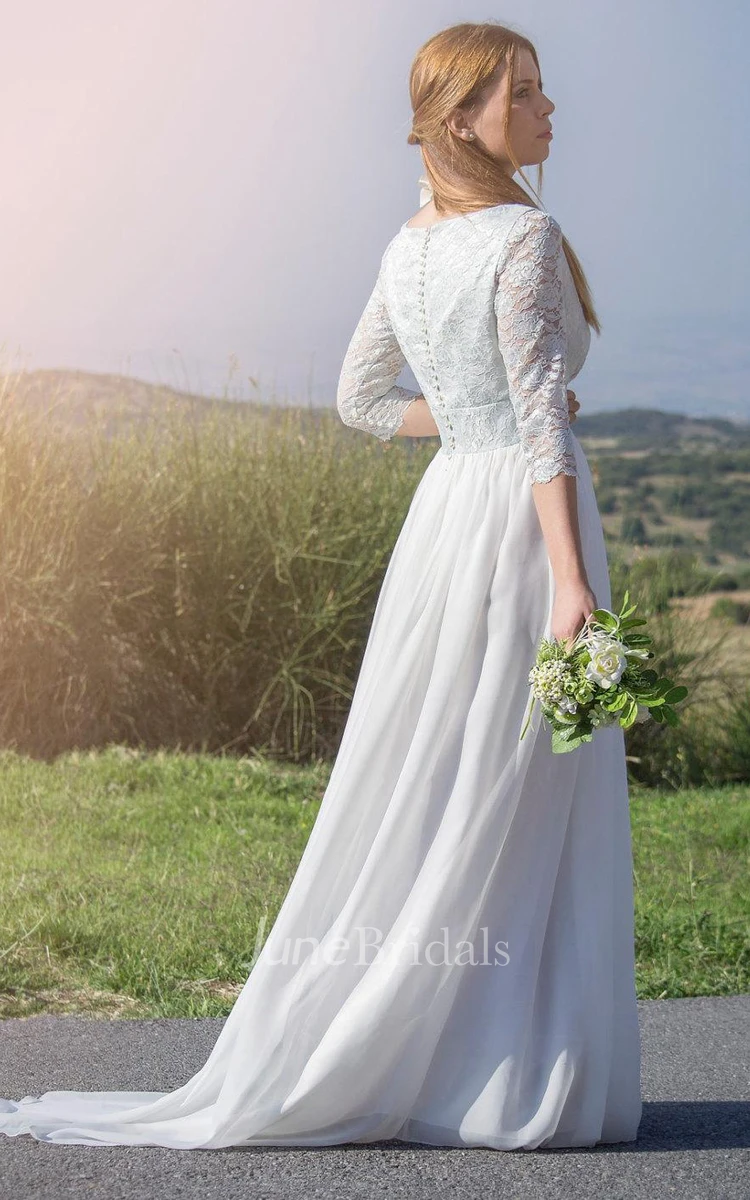 Scoop Illusion Sleeve Long Chiffon Wedding Dress With Lace And Button Back
