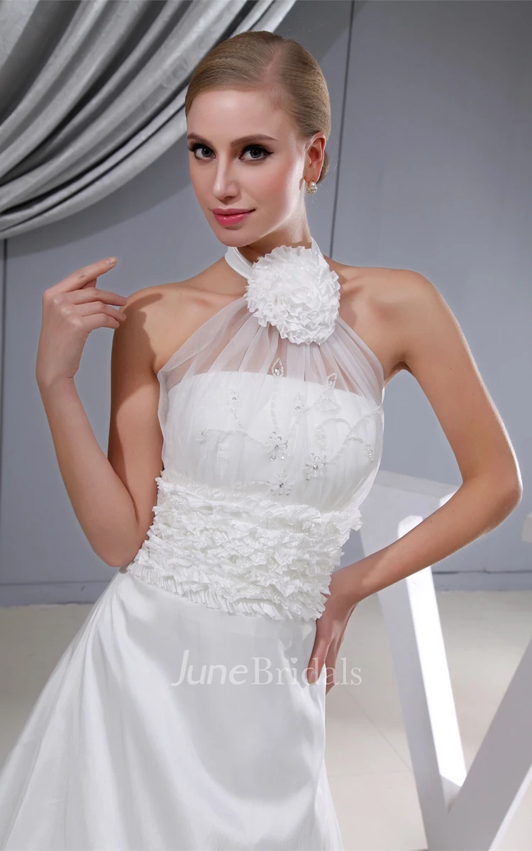 Flowered High-Neck Illusion Strapless A-Line Dress with Chapel Train