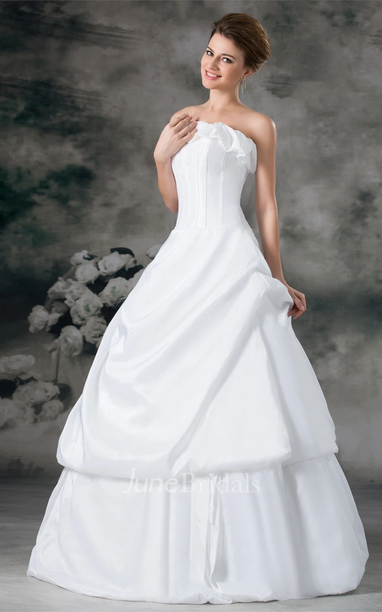 strapless maxi a-line gown with ruffles and pick up