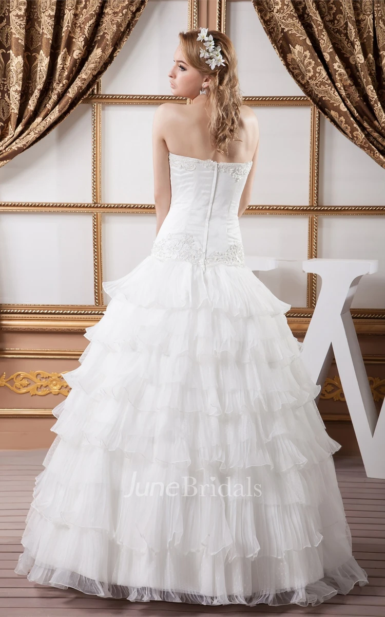 Strapless Ruched Ball Gown with Rhinestone and Appliques