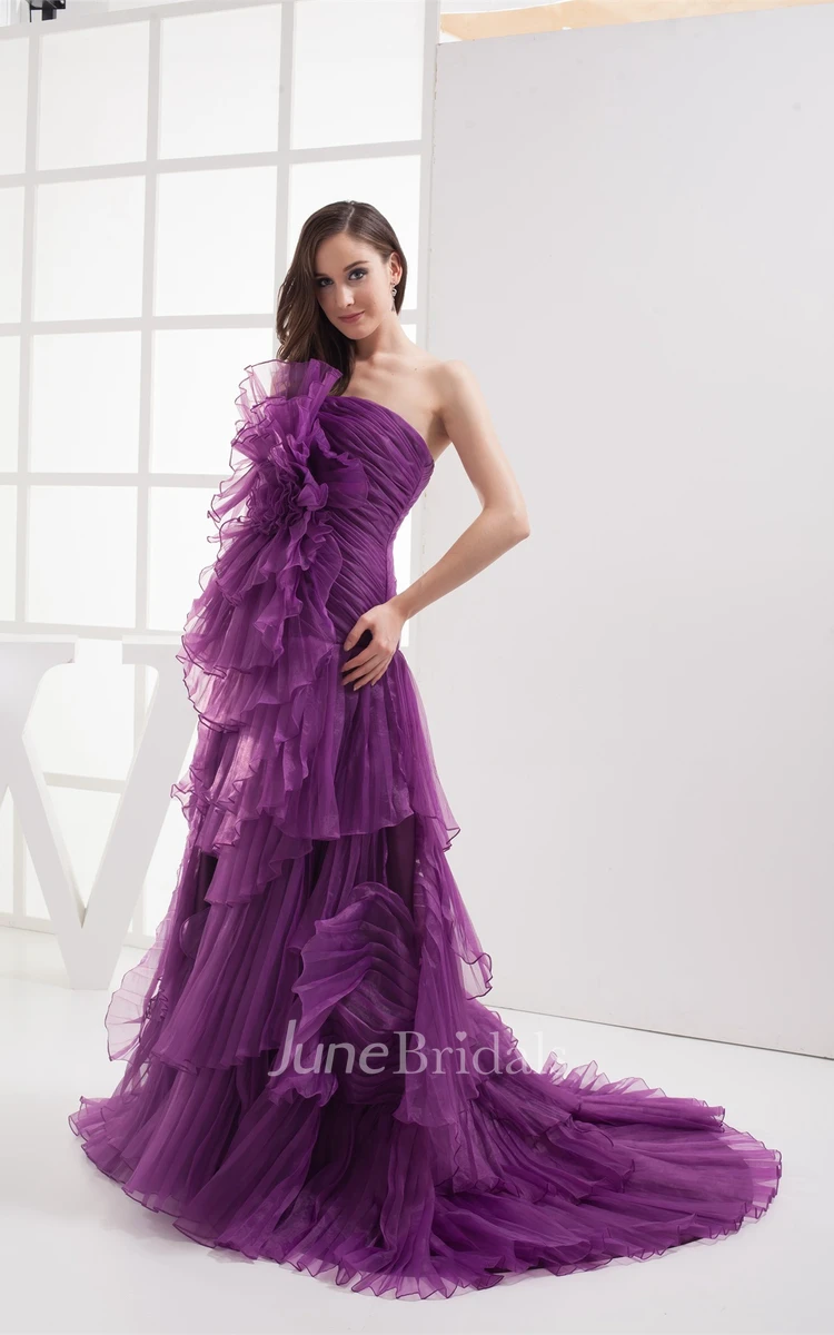 Floral Ruched A-Line Gown with Tiers and Brush Train