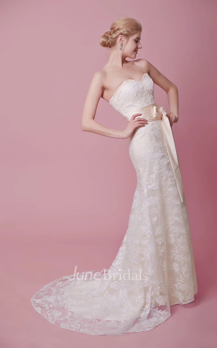 Sheath Strapless Sweetheart Lace Dress With Removable Satin Bow Sash