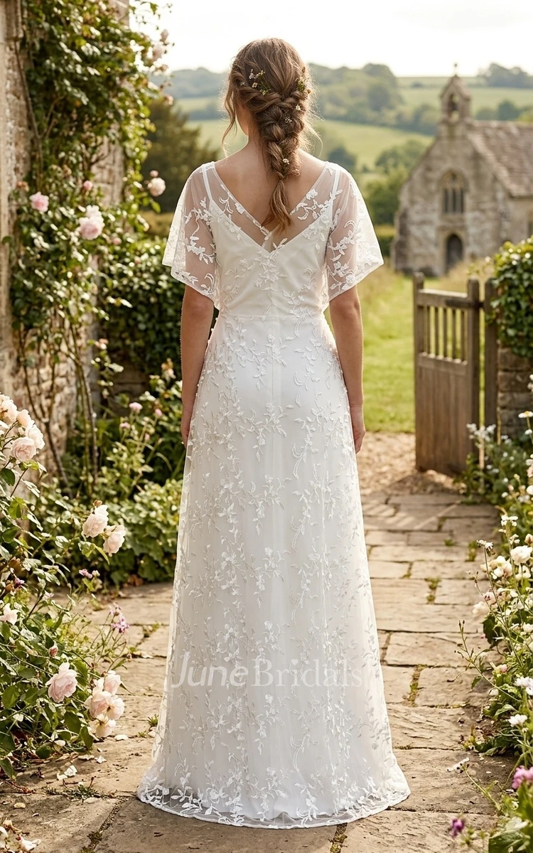 1920s Two-Piece Lace A-Line Wedding Dress Boho V-Neck Flutter Sleeves Vintage Bridal Gown