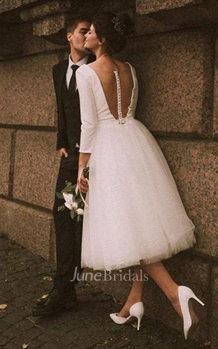 Vintage A Line Tea-length Plunging Neckline Satin Wedding Dress