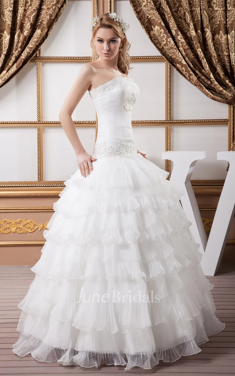 Strapless Ruched Ball Gown with Rhinestone and Appliques