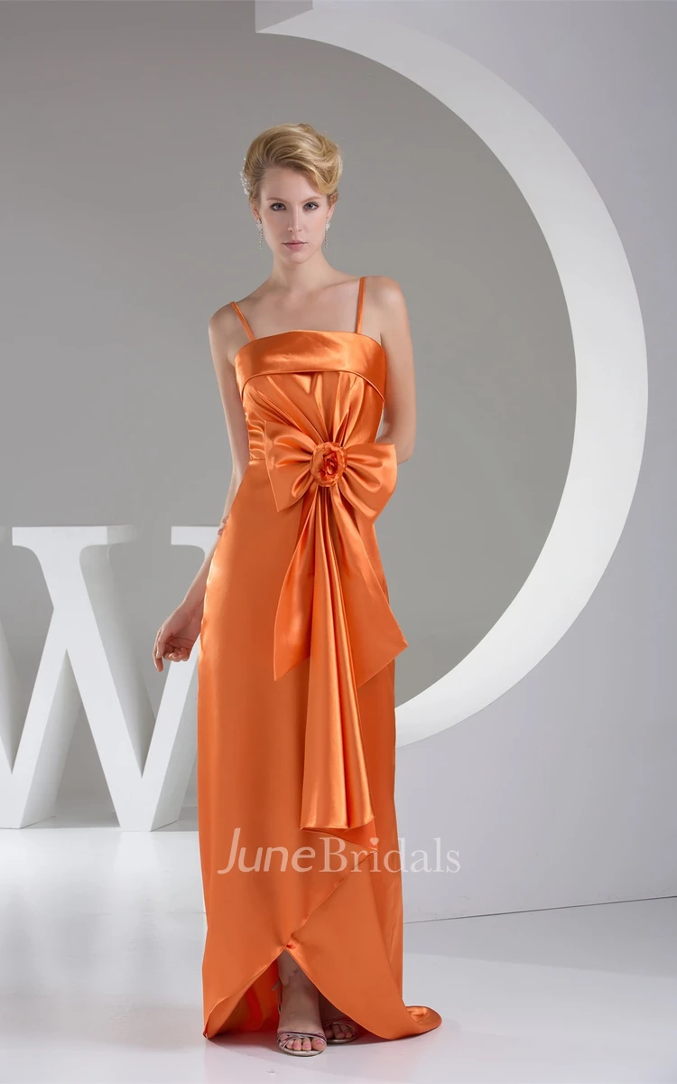 Sleeveless Satin Floor-Length Dress with Spaghetti-Straps and Bow